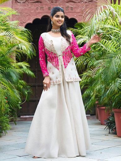 Dazzling Pink Thread Embroidered Organza Crop Top Palazzo With Jacket